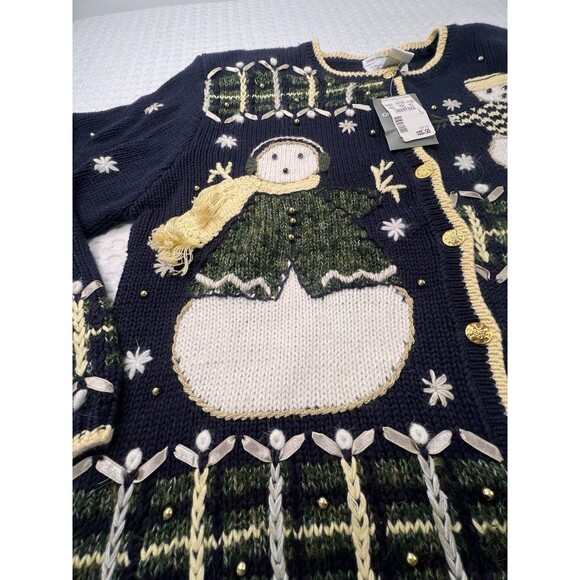 Vintage Snowman Cardigan Hand Embroidered Christopher & Banks Size L Christmas - Picture 2 of 16